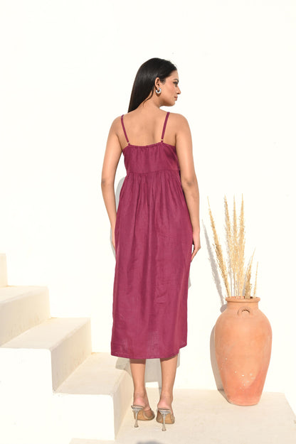 Burgundy Midi Empire Waist Dress with Spaghetti Straps