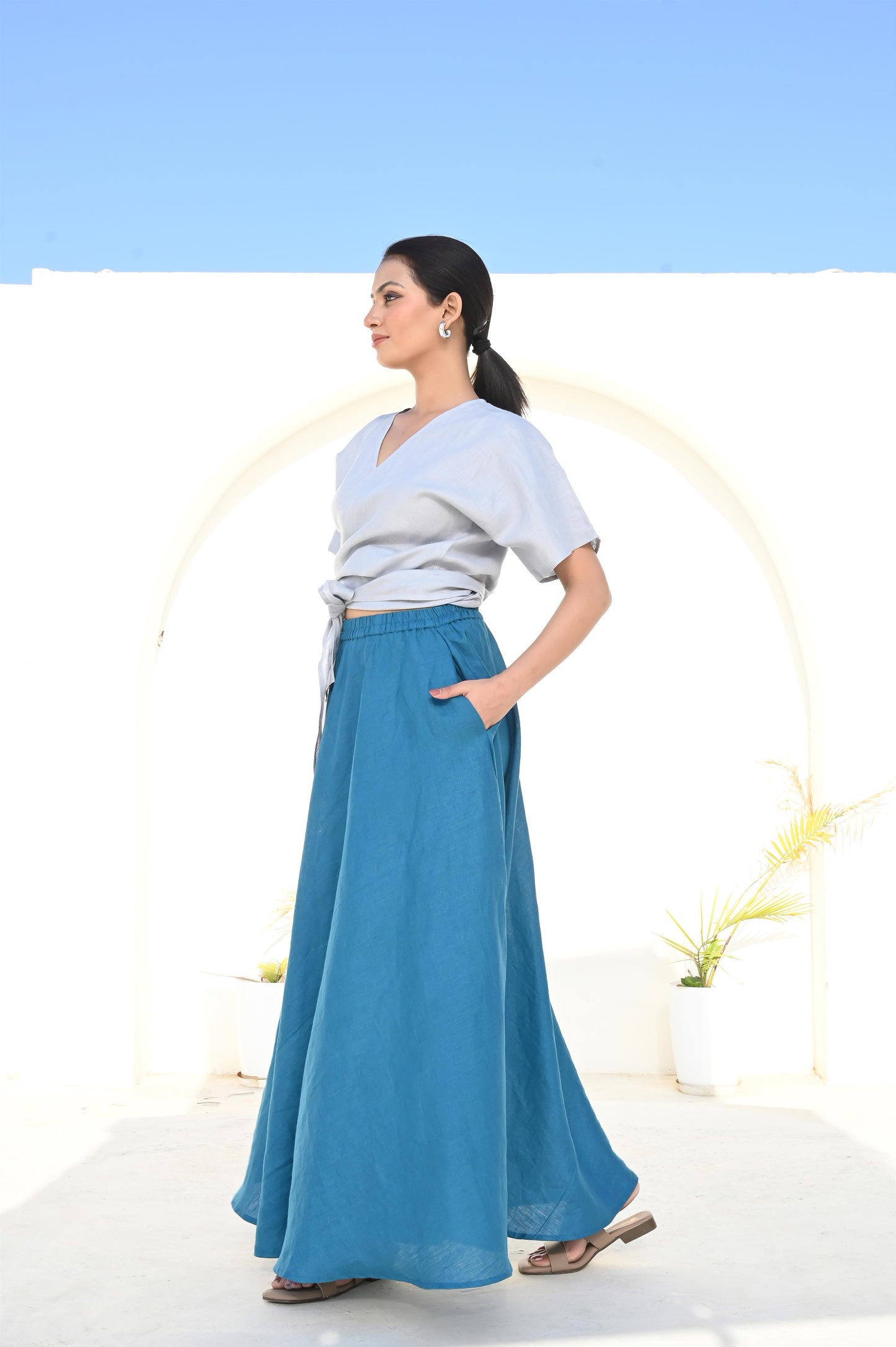 Turquoise Drift Flared Skirt with Elasticated Waistband
