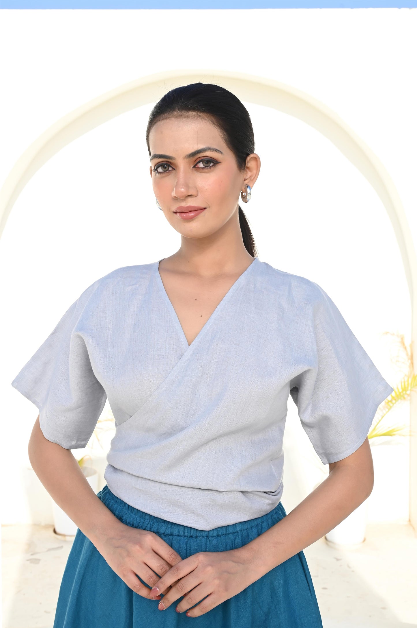 Sky Blue Cropped Wrap Linen Top with Short Sleeves