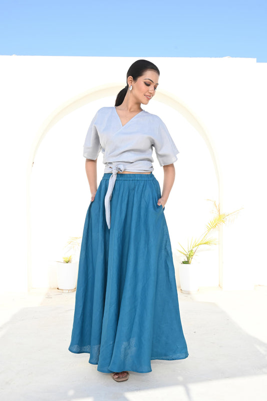 Sky Blue Cropped Wrap Linen Top with Short Sleeves